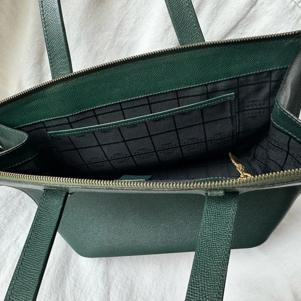 Vintage Celine Logo Plate Leather Tote Green Gold Hardware Authentic
